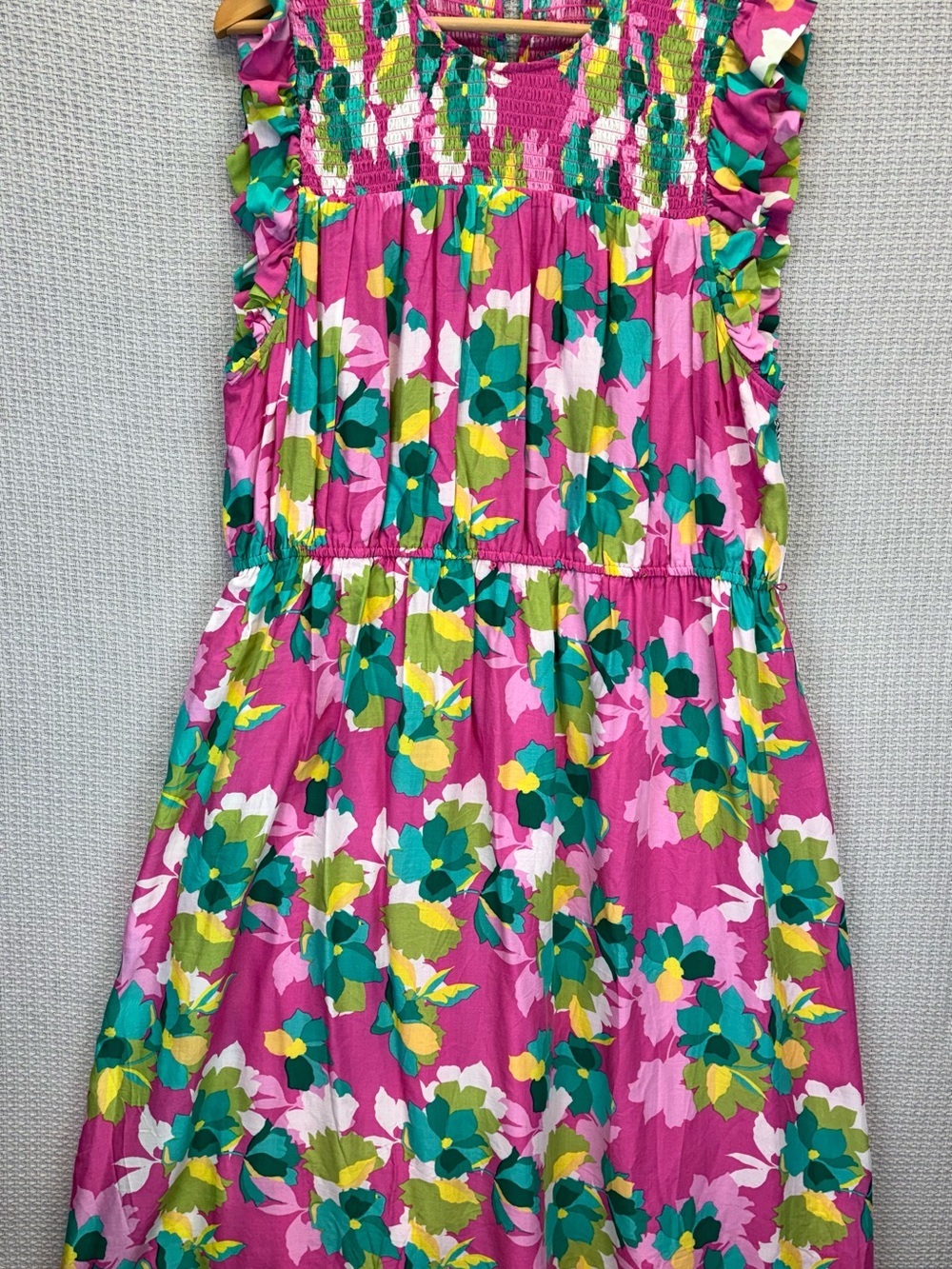 NWT Draper James RSVP Smocked Yoke Ruffle Pink Floral Midi Dress Spring XXL